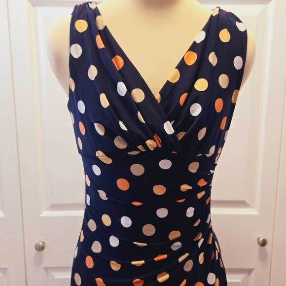 Navy Polka Dot American Living V-Neck Dress with Ruched Side Size 4 - Picture 6 of 8